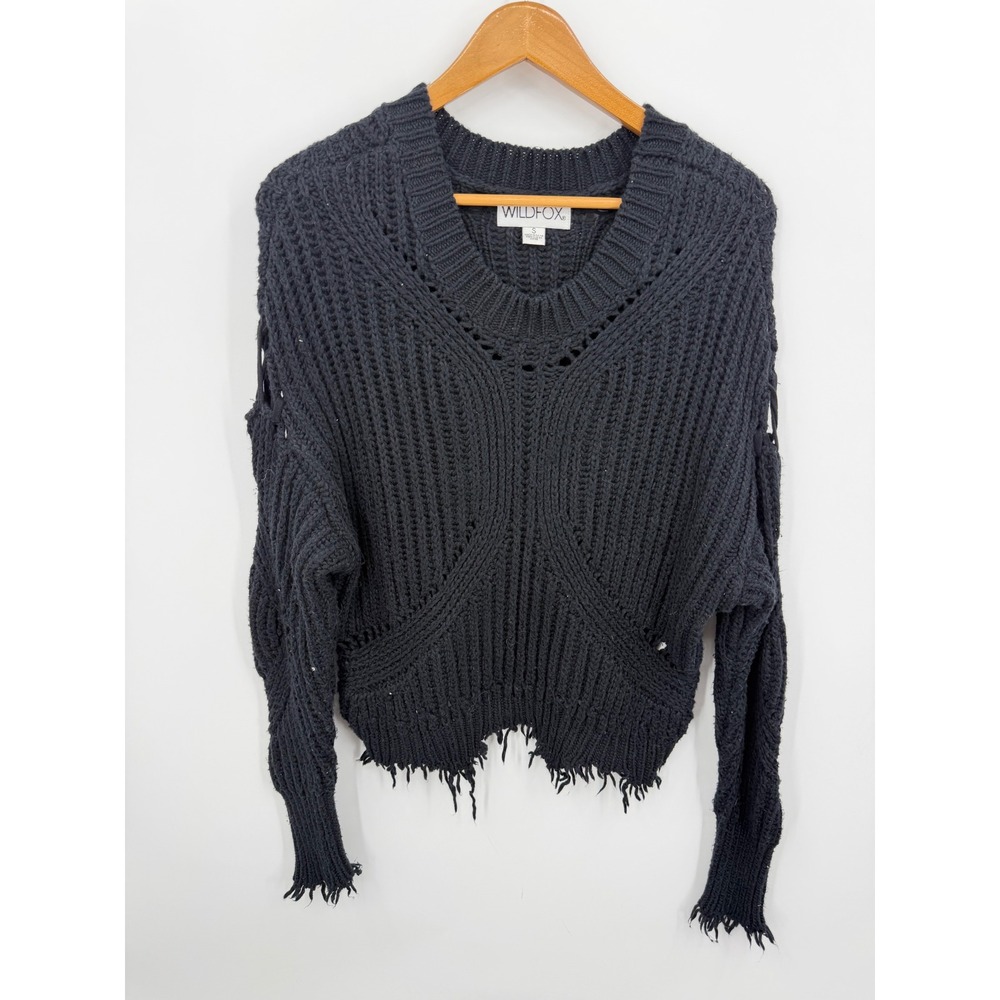 Wildfox Distressed V-Neck Sweater Women Small Black Chunky‎ Knit Frayed Hem